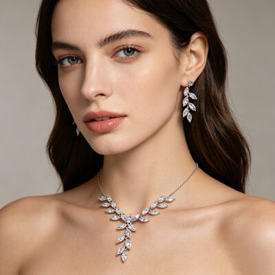 Classic Marquise Cubic Zirconia Wedding Jewelry Sets For Bride Earrings & Necklace (Set of 2)