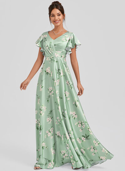 Robe de demoiselle d'honneur trapèze col v longueur ras du sol satin mat avec volants 