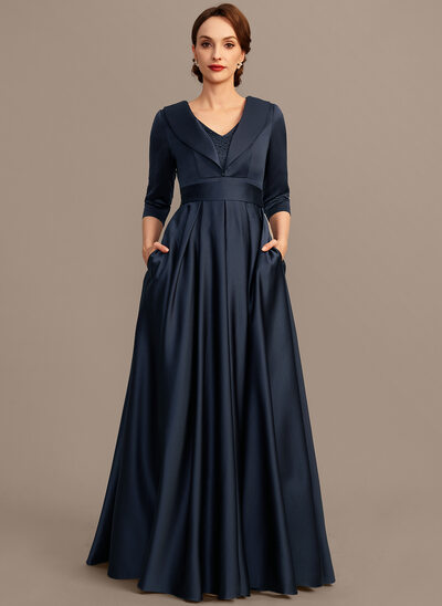 A-line V-Neck Floor-Length Satin Mother of the Bride Dress With Beading Sequins 