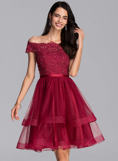 A-Line Off-the-Shoulder Knee-Length Tulle Homecoming Dress With Beading Sequins 