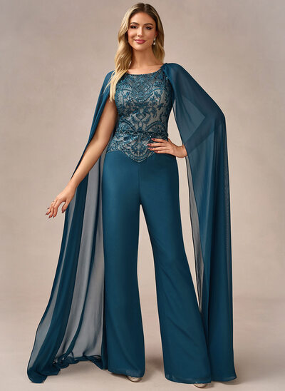 Monos escote redondo hasta el suelo gasa vestido de noche con capa lentejuelas 