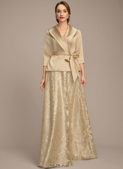 A-line Separates V-Neck Collared Floor-Length Stretch Satin Lace Mother of the Bride Dress With Bow Pleated 