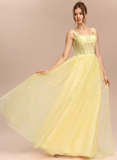 Decote quadrado apliques de renda tule vestido