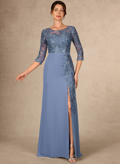 A-lijn-jurk ronde hals vloer lengte kant de chiffon moeder van de bruid jurk met pailletten 