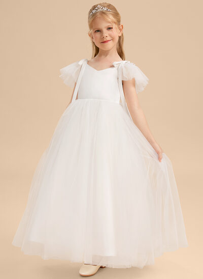 A-linja kylmä olkapää lattiaa hipova pituus tylli satiini kukka tyttö mekot jossa keula 