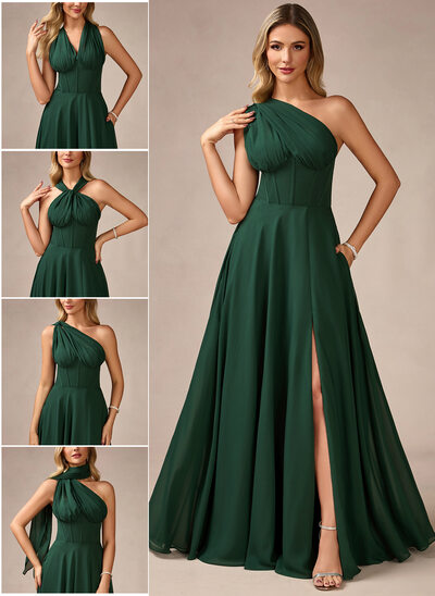 Abiti linea a una spalla a terra chiffona abito da sera 