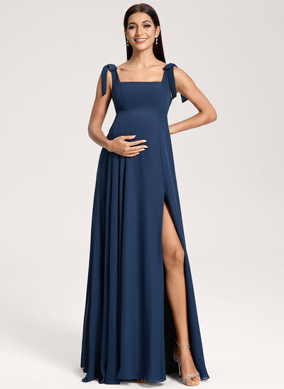 A-Linien-Kleid Karree Bodenlang Chiffon Umstandskleider mit Schleife 