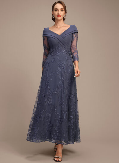A-line V-Neck Ankle-Length Lace Chiffon Mother of the Bride Dress With Pleated Sequins 
