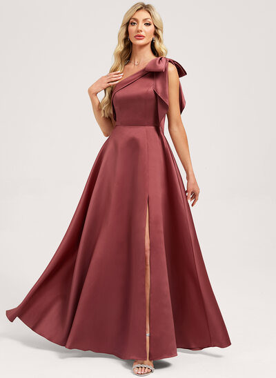 A-line One Shoulder Floor-Length Satin Bridesmaid Dress With Bow 