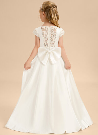 Ball-Gown/Princess Scoop Floor-Length Lace Satin Flower Girl Dress With Beading Bow 