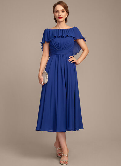 A-линии Лодочка Длина ниже колен Шифон Платье Для Матери Невесты с Плиссированный 