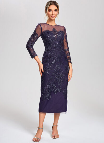 Tubo escote redondo escote ilusión hasta la tibia tul encaje vestidos de cóctel con lentejuelas 