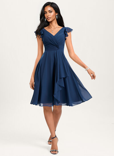 Vestido linha-a decote em v coquetel tecido de seda vestido de dama de honor com pregueado 