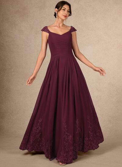 A-lijn-jurk v-hals vloer lengte de chiffon kant moeder van de bruid jurk met plooirok kralen 