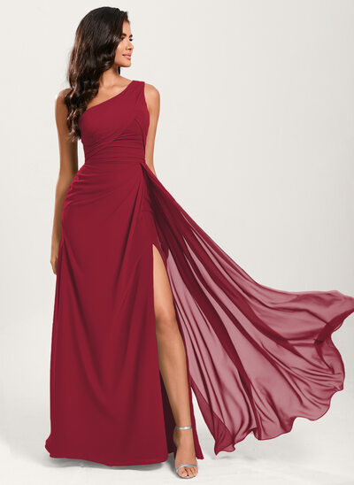 Jurk a-lijn van chiffon met one-shoulder ruches