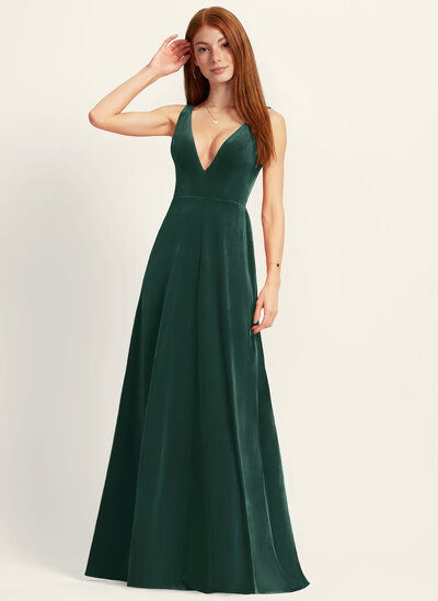 A-line V-Neck Floor-Length Velvet Bridesmaid Dress 