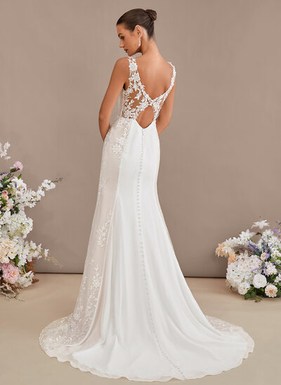 Trumpet/Mermaid V-Neck Court Train Lace Chiffon Wedding Dress With Sequins 