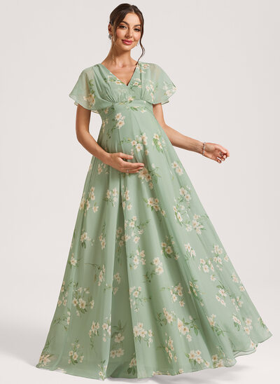 A-Linien-Kleid V-Ausschnitt Bodenlang Chiffon Umstandskleider mit Schleife Falten 