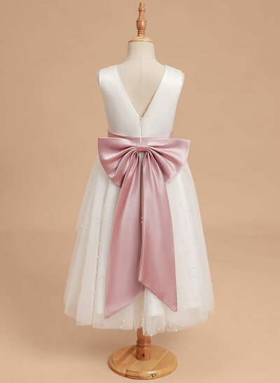 A-linja pyöreä kaula-aukko polven alle satiini tylli kukka tyttö mekot jossa satiininauhavöitä keula helmikoristelu 