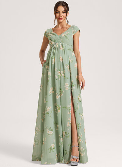 A-Linien-Kleid V-Ausschnitt Bodenlang Chiffon Umstandskleider mit Falten 