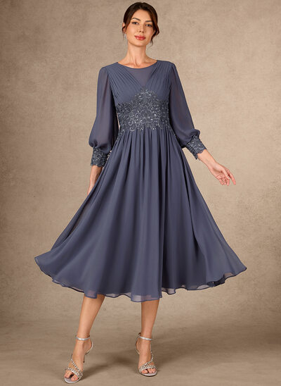 A-lijn-jurk ronde hals thee lengte de chiffon kant moeder van de bruid jurk met ruched plooirok kralen 