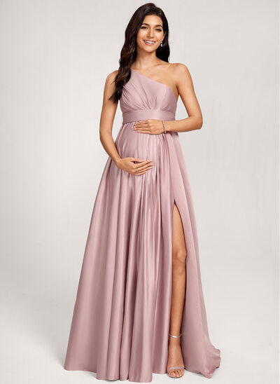 Kjole med A-linje One-Shoulder Gulvlængde Satin Graviditetskjoler med Flæsekanter 