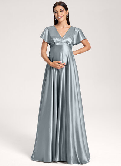 A-Linien-Kleid V-Ausschnitt Bodenlang Stretch-Satin Umstandskleider mit Schleife Falten 