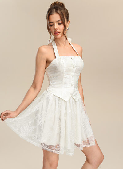A-line Halter Sleeveless Bow Jacquard Dress