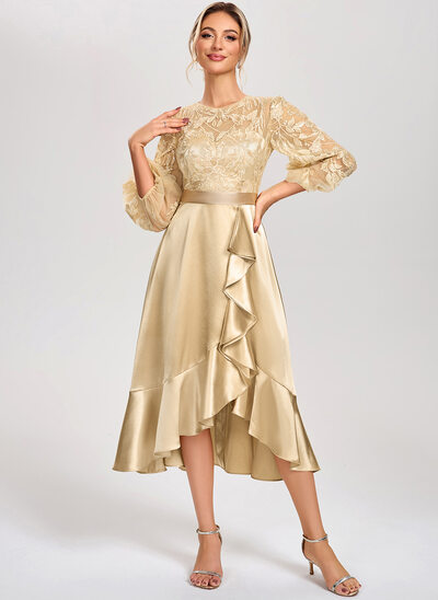 A-line Scoop Asymmetrical Tea-Length Stretch Satin Lace Cocktail Dress With Ruffle 