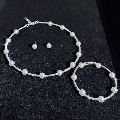 Classic Pearl Wedding Bracelet Earrings Necklace Jewelry Sets (Set of 3) 