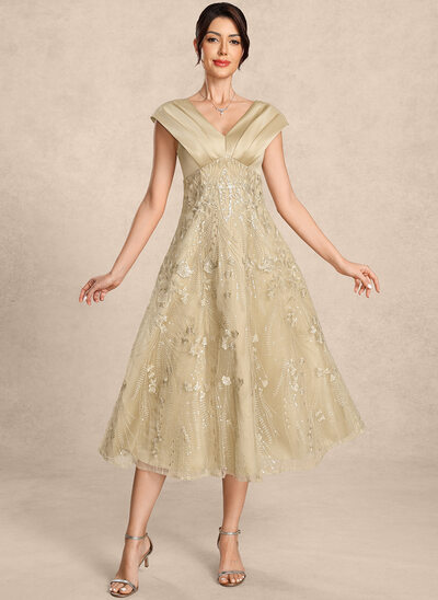 A-line V-Neck Pleated Satin Dress