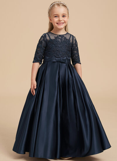 A-linja kulta lattiaa hipova pituus satiini tylli pitsi kukka tyttö mekot 