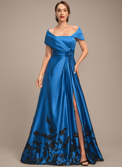 A-line Off the Shoulder Floor-Length Satin Mother of the Bride Dress With Appliques Lace 3D Floral Sequins Pleated 