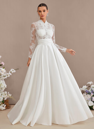 A-line High Neck Sweep Train Satin Lace Wedding Dress With Sequins 