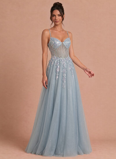 Robe trapèze à col en v à fines bretelles avec paillettes en tulle