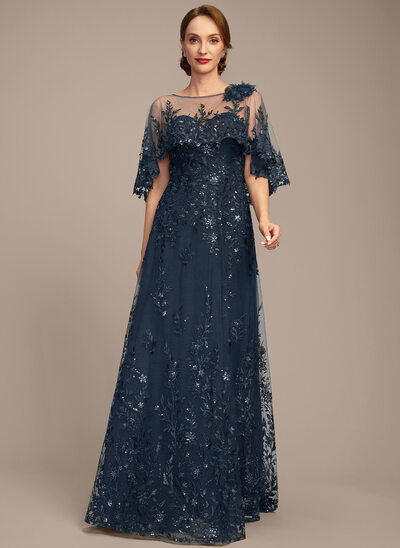 A-line Boat Neck Illusion Floor-Length Lace Sequin Mother of the Bride Dress With 3D Floral 