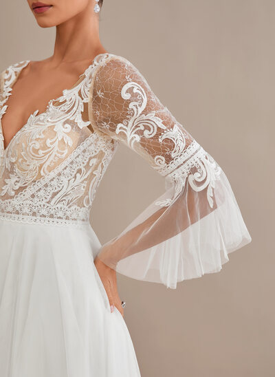 A-line V-Neck Sweep Train Tulle Lace Wedding Dress 