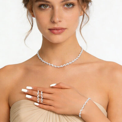 Pave Rhinestone Wedding Jewelry Sets For Bridal & Bridesmaid Earrings & Necklace & Bracelet (Set of 3)