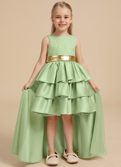 Tanssiaismekot/prinsessa pyöreä kaula-aukko polvipituinen satiini tylli pitsi kukka tyttö mekot jossa keula 