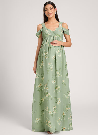 A-Linien-Kleid Schulterfrei Bodenlang Chiffon Umstandskleider mit Falten 