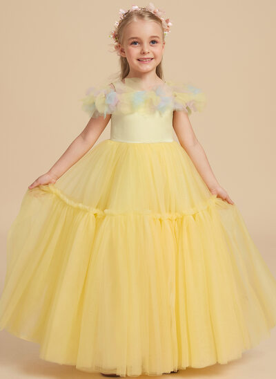 A-linja kylmä olkapää lattiaa hipova pituus satiini tylli kukka tyttö mekot 