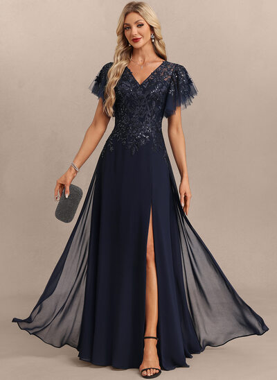 Slire V-hals Gulvlengde Chiffon Festkjole med paljetter Overskjørt Applikasjoner Blonder 