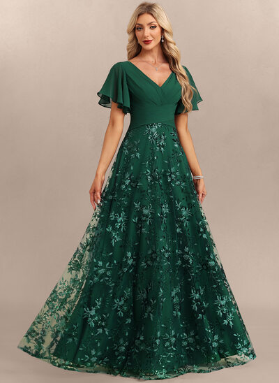 A-line kjole V-hals Gulvlengde Tyll Chiffon Paljett Festkjole 