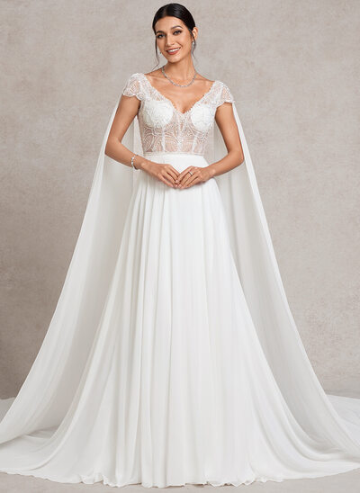 A-Linien-Kleid V-Ausschnitt Kapellenschleppe Chiffon Spitze Brautkleid mit Perlenstickerei Pailletten 