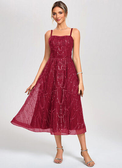 A trapezio scollo quadrato midi tulle pizzo abito da cocktail con paillettes 