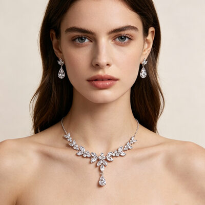 Elegant Leaf Cubic Zirconia Wedding Jewelry Sets For Bride Earrings & Necklace (Set of 2)