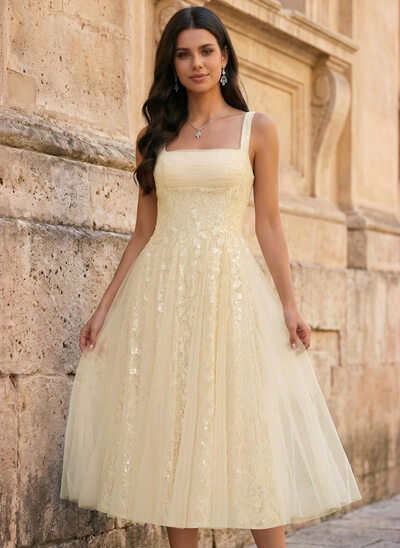 Decote quadrado lantejoulas tule vestido