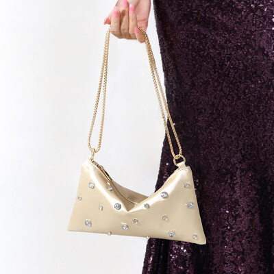 Rhinestone Elegant Wedding Prom Evening Satin Evening Bags in Champagne 