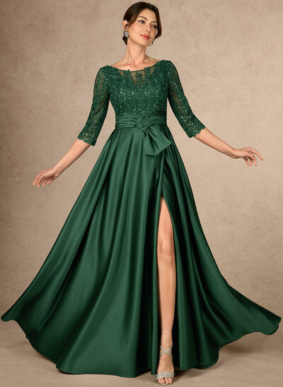 A-lijn-jurk ronde hals illusie vloer lengte satijn kant moeder van de bruid jurk met strik pailletten 