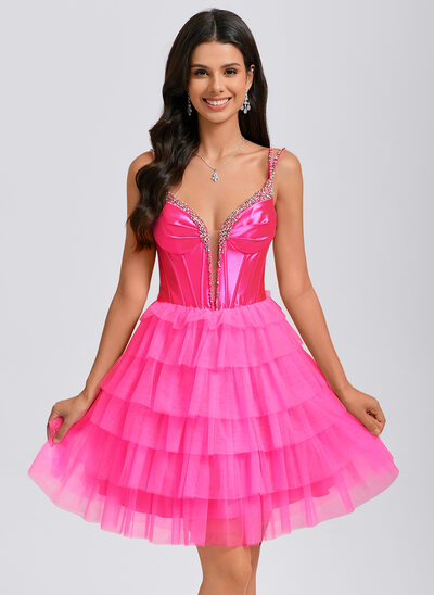De baile/princesa decote em v curto tule jersey vestido de formatura com strass 